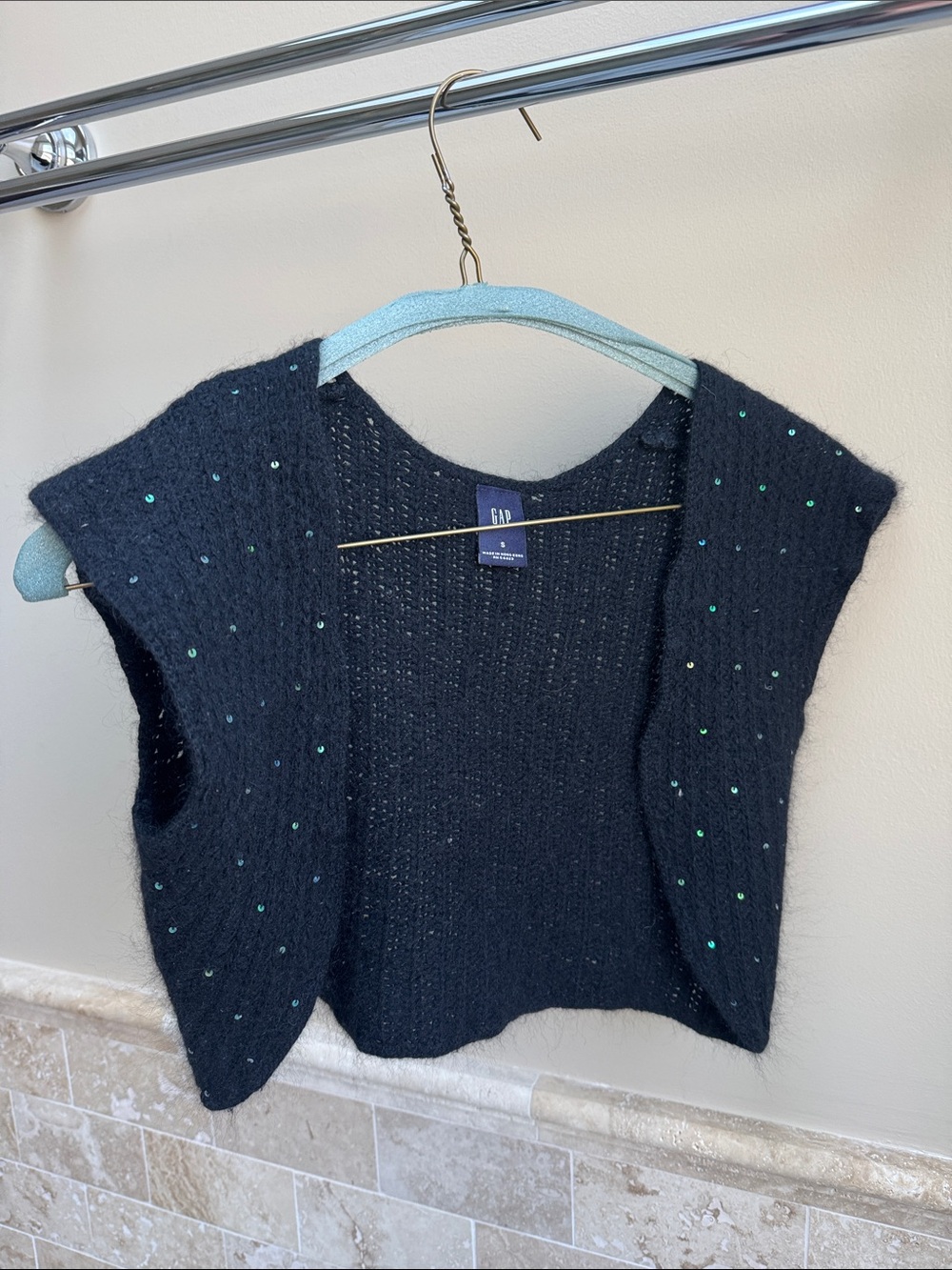 GAP Black Open-Front Short Sleeve Sweater with Green Sequin Accents